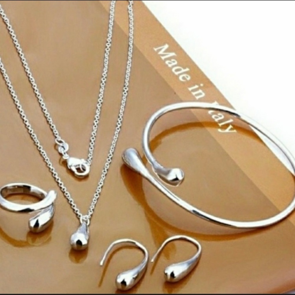 Silver Water Drop Necklace, Bangle, Earrings,Ring.
